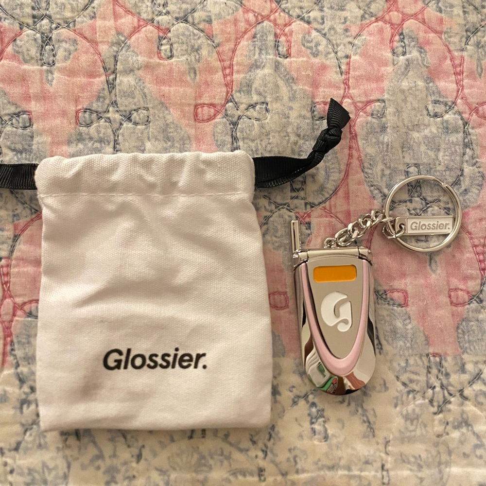 Glossier Pink & Silver Logo Keychain Charm with White Drawstring Pouch